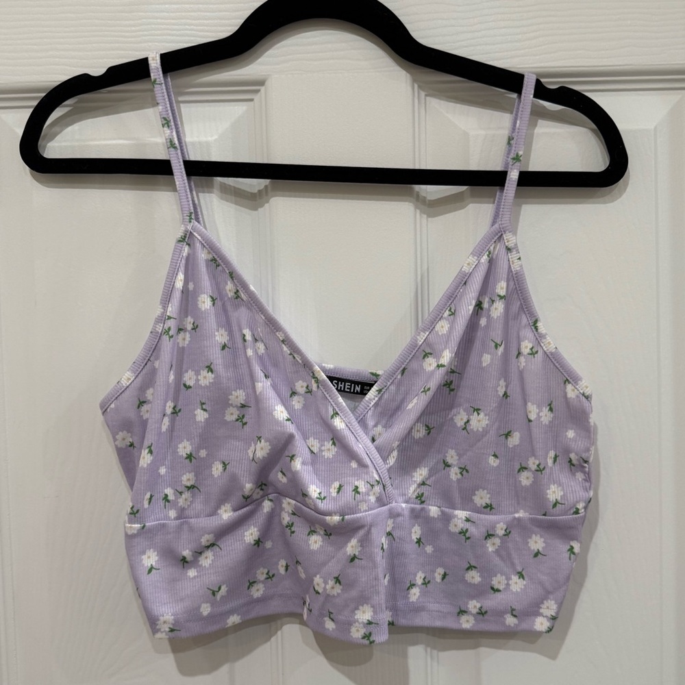Lavender with White Ditsy Floral Print Cropped Cami Bralette w Faux Wrap Effect